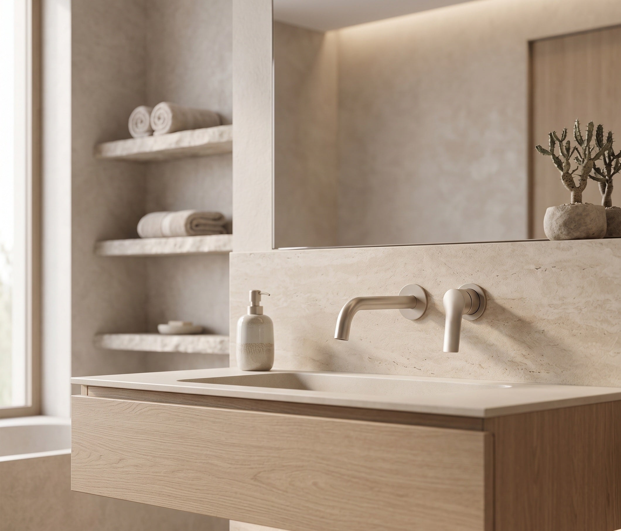 LUNA SERIES – WALL MOUNTED BATHROOM FAUCET WITH CURVED SPOUT AND SCULPTED CONTROL HANDLE