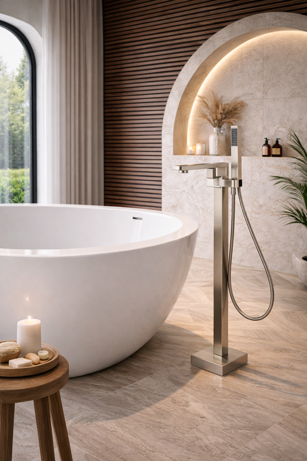 FRANCESCA SERIES – FREESTANDING TUB FILLER WITH HAND SPRAYER AND SHARP ARCHITECTURAL FORM
