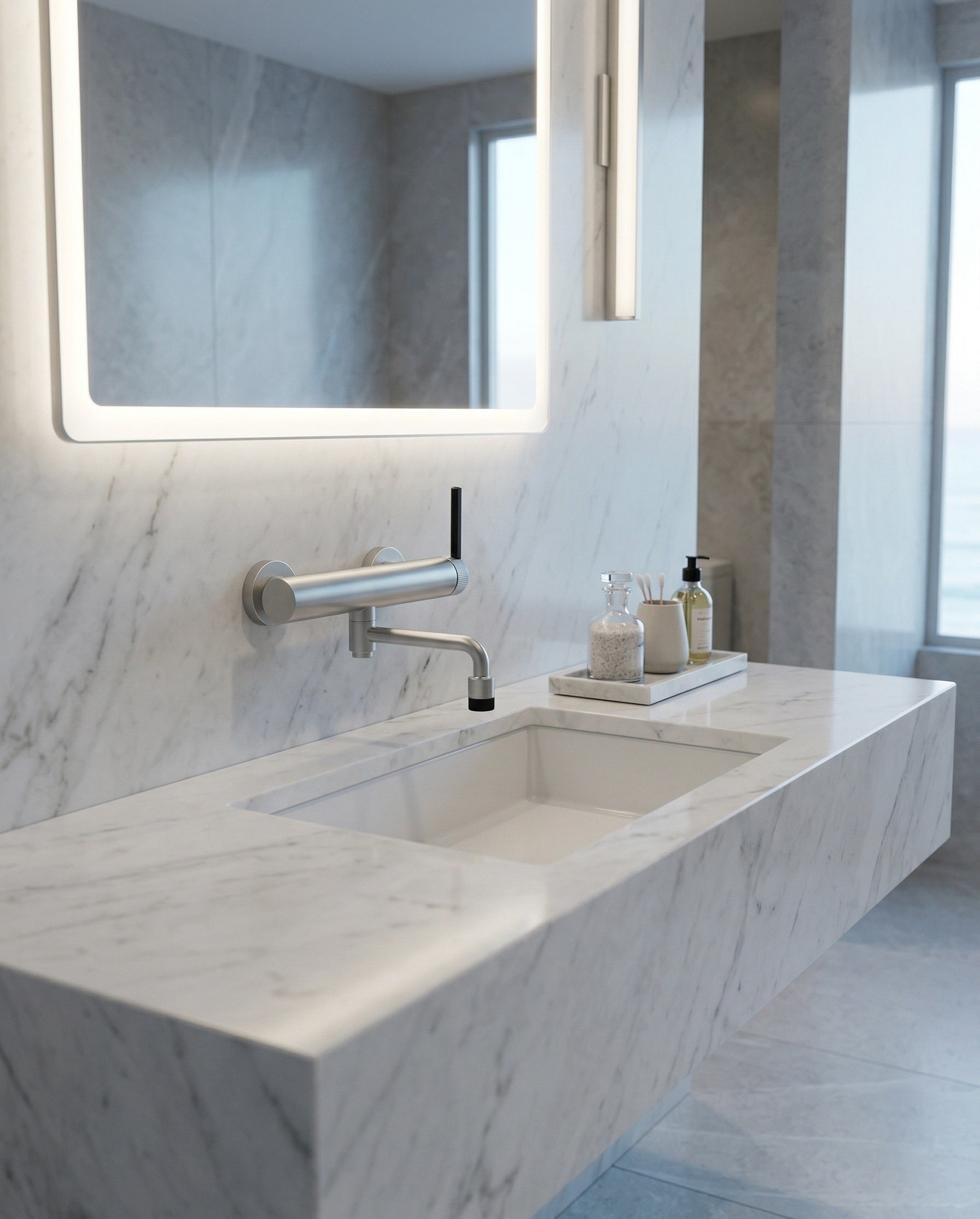 VALENTINA SERIES – WALL MOUNTED TUB FILLER WITH STREAMLINED SPOUT AND MODERN SINGLE LEVER CONTROL