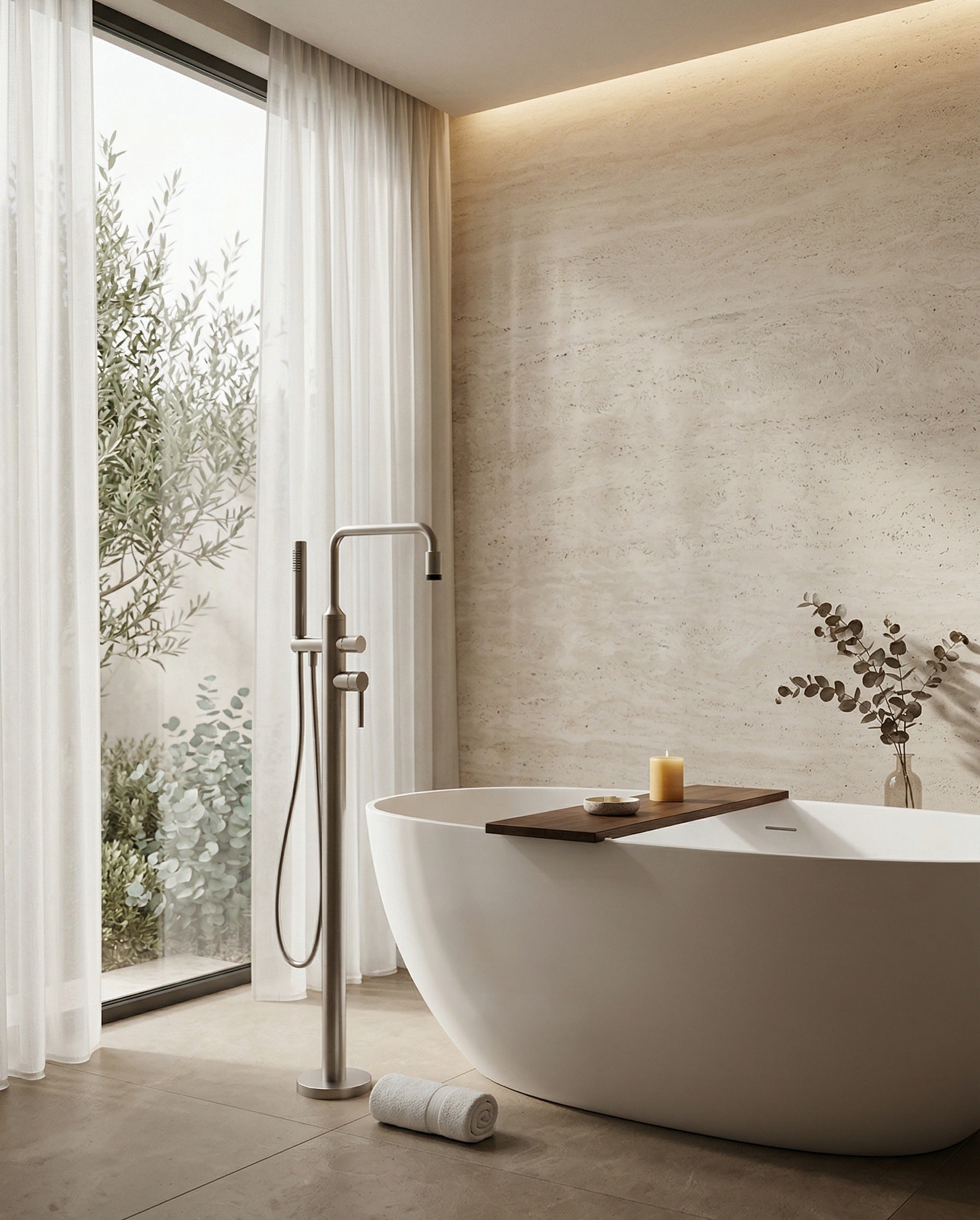 VALENTINA SERIES – FREESTANDING TUB FILLER WITH HAND SPRAYER AND SLENDER MODERN FORM