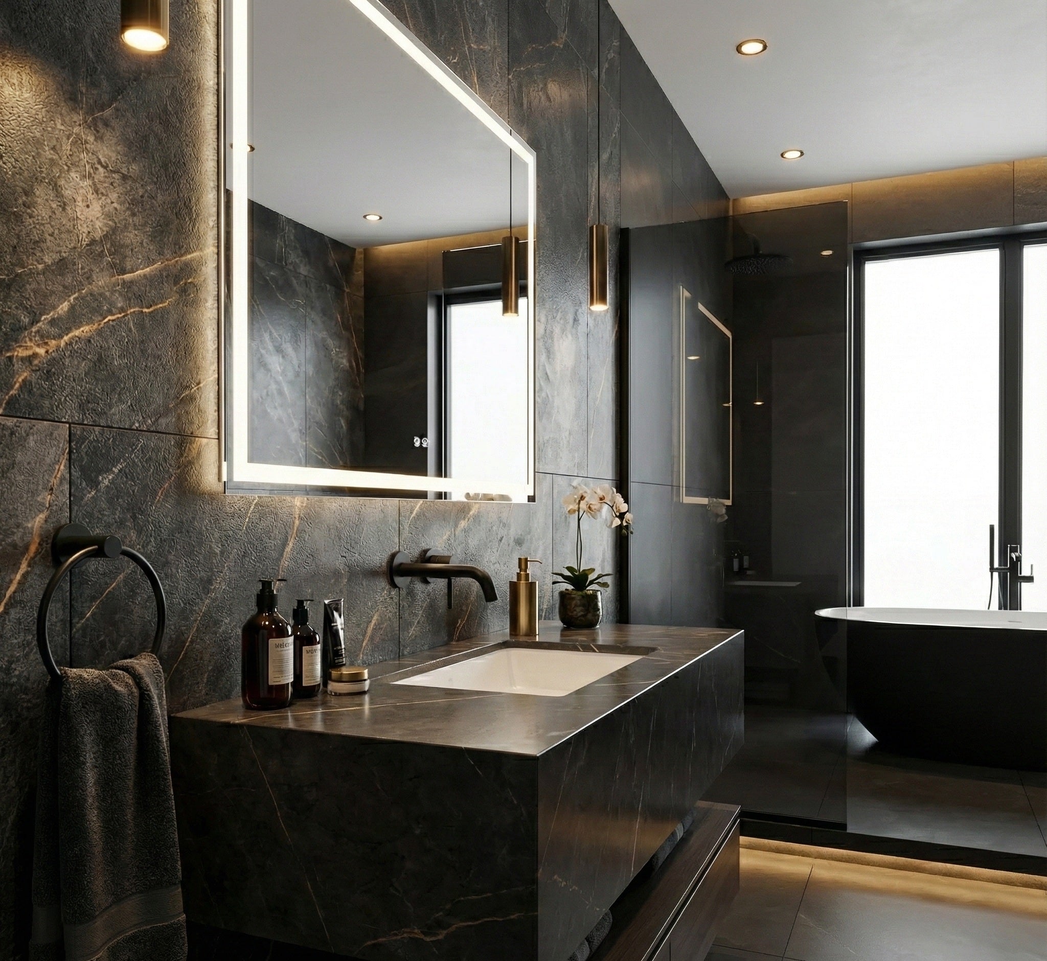 SOFIA SERIES – WALL MOUNTED BATHROOM FAUCET WITH ANGLED SPOUT AND MINIMALIST SINGLE LEVER
