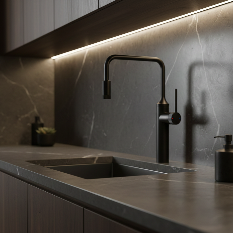 VALENTINA SERIES – KITCHEN FAUCET, A TALL FIXED SPOUT DESIGN WITH A SLEEK, MODERN PROFILE.