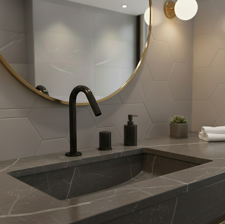 ALESSIA SERIES – BATHROOM FAUCET WITH SEPARATE VALVE, A COMPOSED TWO PIECE DESIGN FOCUSED ON CONTROL.