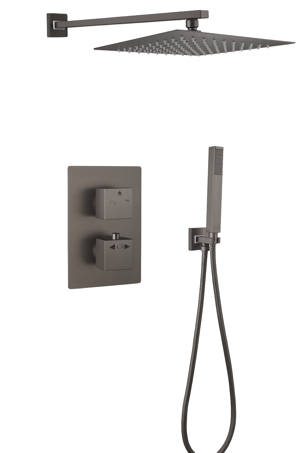FRANCESCA SERIES – square rainfall shower set with hand sprayer, bold geometry and refined modern presence