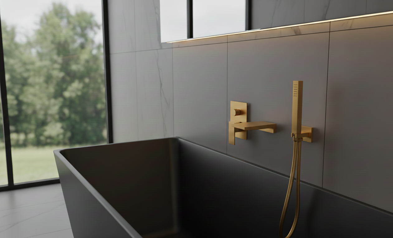 FRANCESCA SERIES – WALL MOUNT TUB FILLER WITH HAND SPRAYER, ARCHITECTURAL DESIGN FOR MODERN BATH