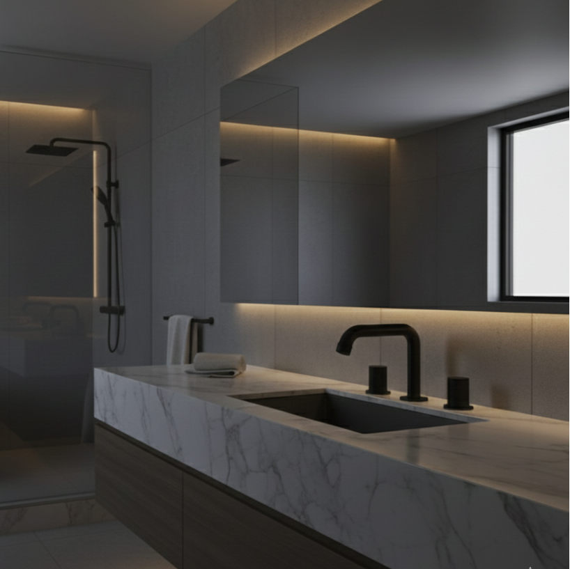 SERENA SERIES – BATHROOM FAUCET, A THREE PIECE COMPOSITION THAT BRINGS BALANCE AND INTENTION TO THE VANITY.