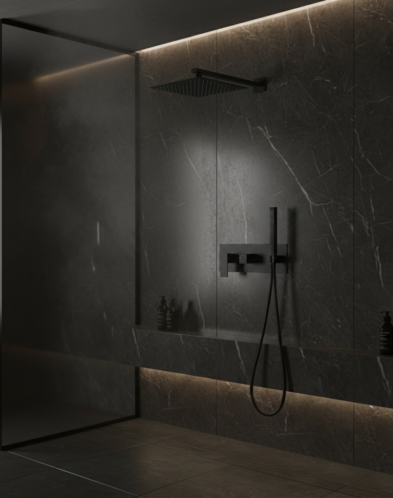 FRANCESCA SERIES – SHOWER HEAD AND HAND SPRAYER SET, A BOLD SQUARE DESIGN WITH ARCHITECTURAL PRESENCE.