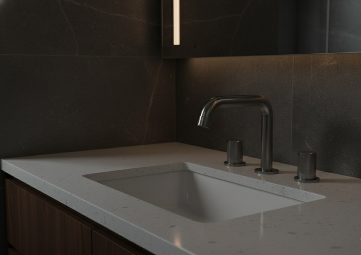 SERENA SERIES – BATHROOM FAUCET, A THREE PIECE COMPOSITION THAT BRINGS BALANCE AND INTENTION TO THE VANITY.