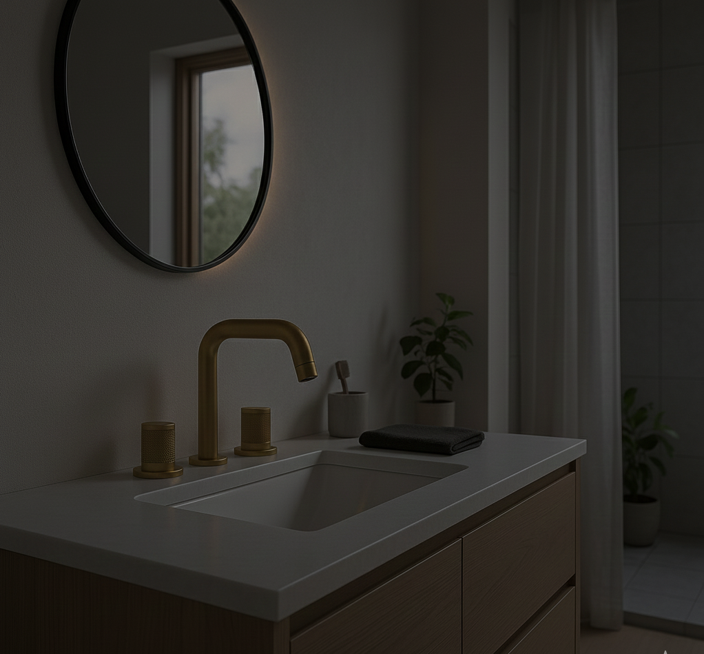 SERENA SERIES – BATHROOM FAUCET, A THREE PIECE COMPOSITION THAT BRINGS BALANCE AND INTENTION TO THE VANITY.