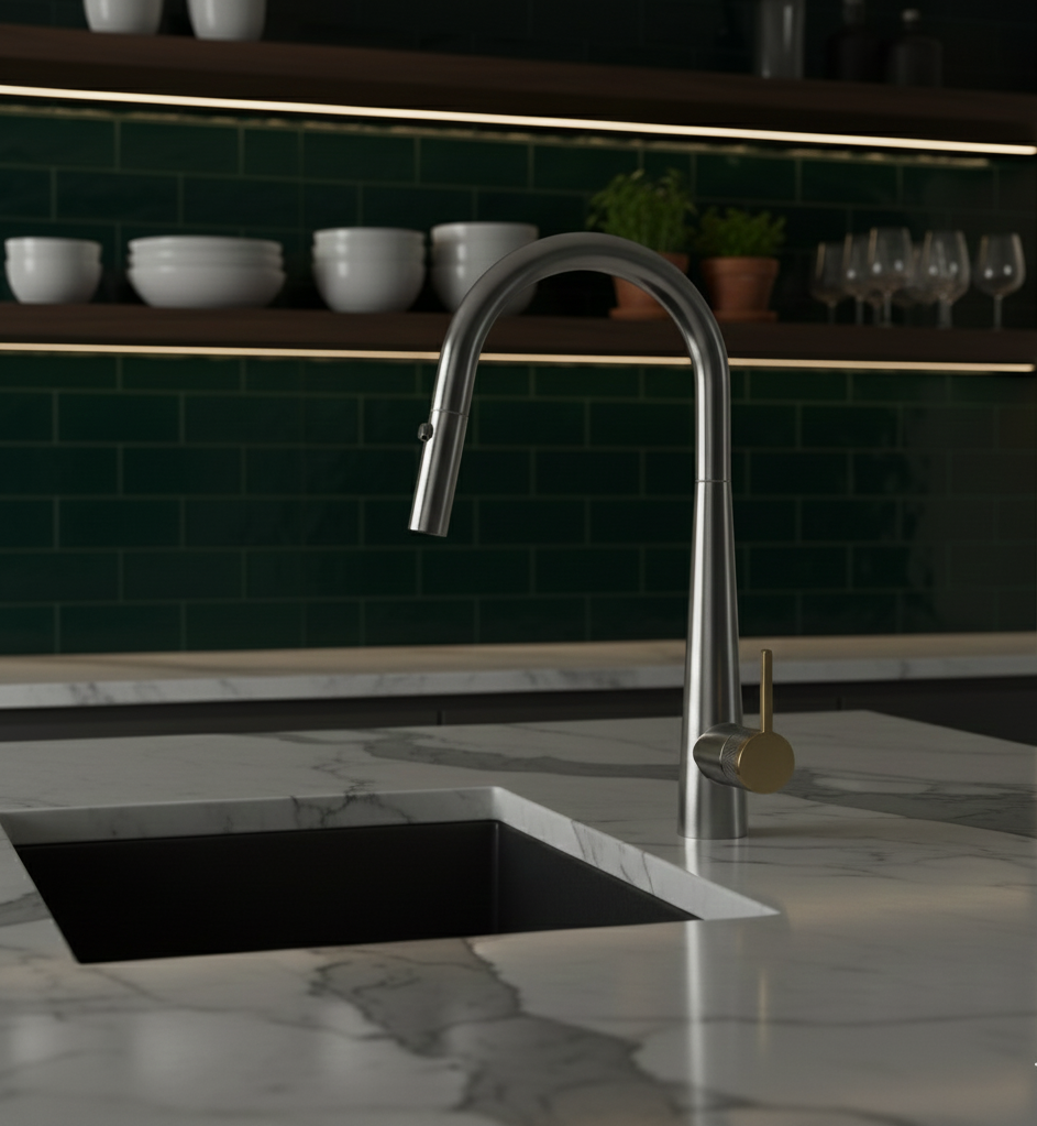 ISABELLA SERIES - KITCHEN FAUCET, A SCULPTED PULL DOWN DESIGN WITH CLEAN, EFFORTLESS ELEGANCE.