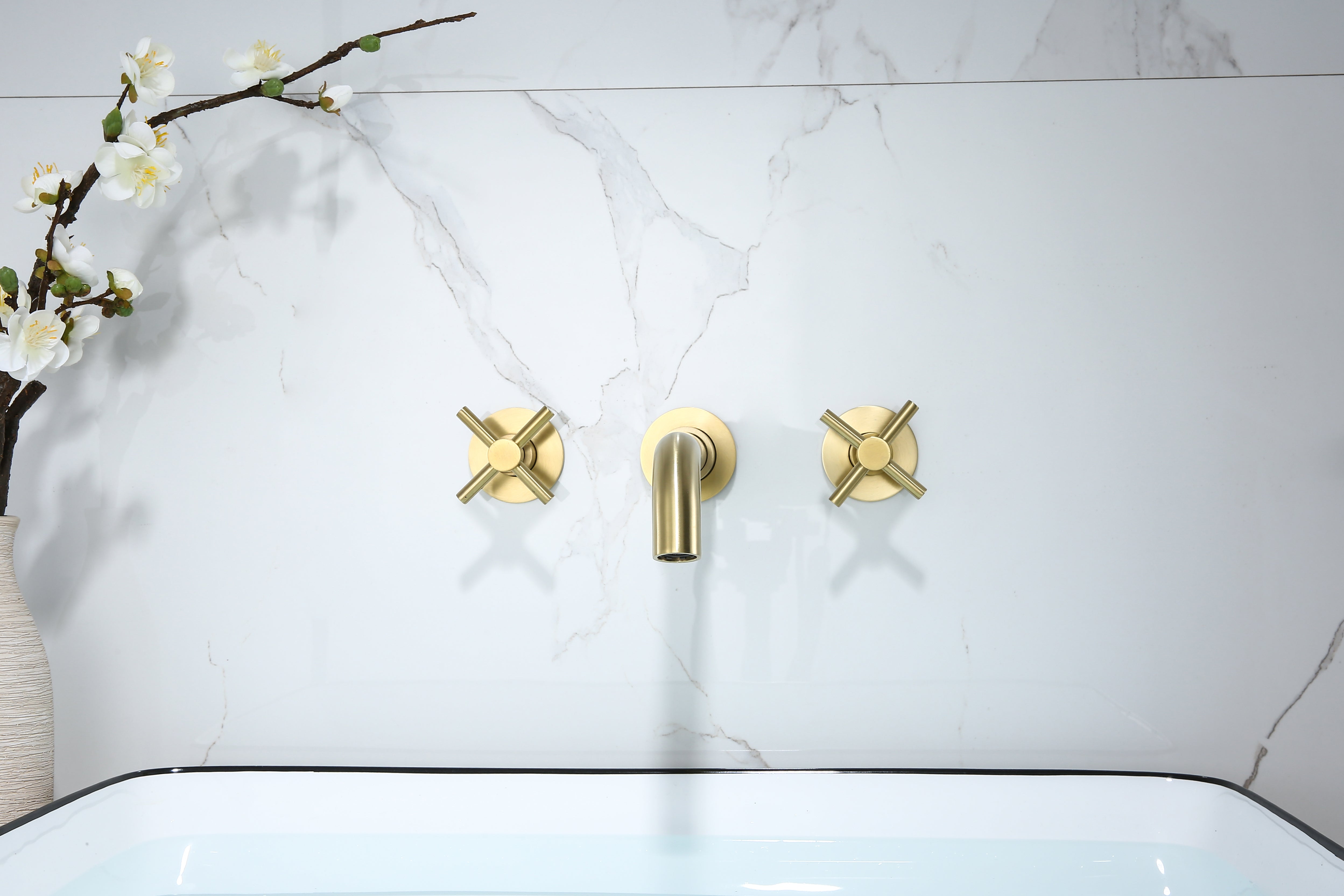BEATRICE SERIES – WALL MOUNTED BATHROOM FAUCET WITH CURVED SPOUT AND CROSS HANDLES DESIGN