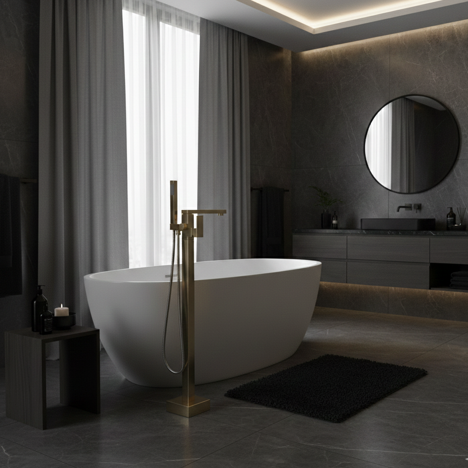 FRANCESCA SERIES – FREESTANDING TUB FILLER WITH HAND SPRAYER AND SHARP ARCHITECTURAL FORM