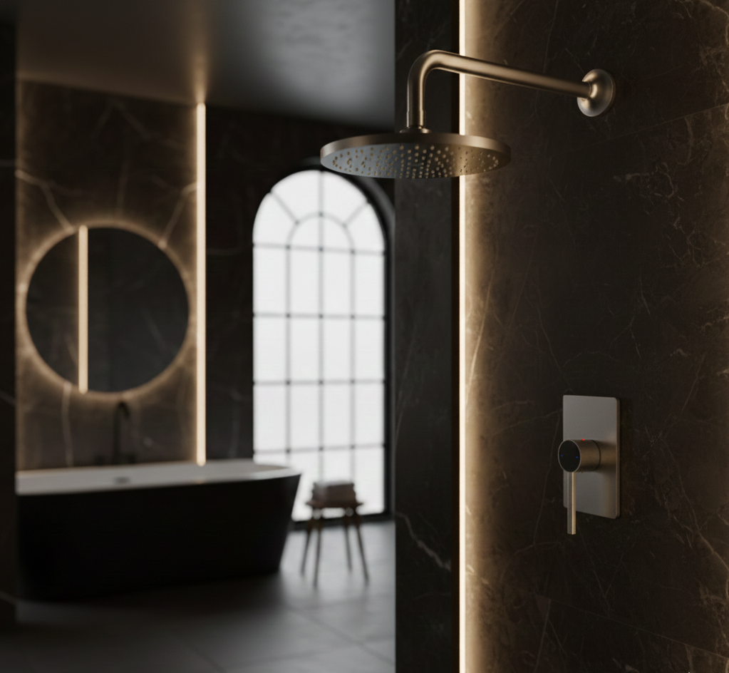 VALENTINA SERIES – RAINFALL SHOWER SET WITH MIXER VALVE, GRACEFUL CURVES AND REFINED MINIMALIST DESIGN