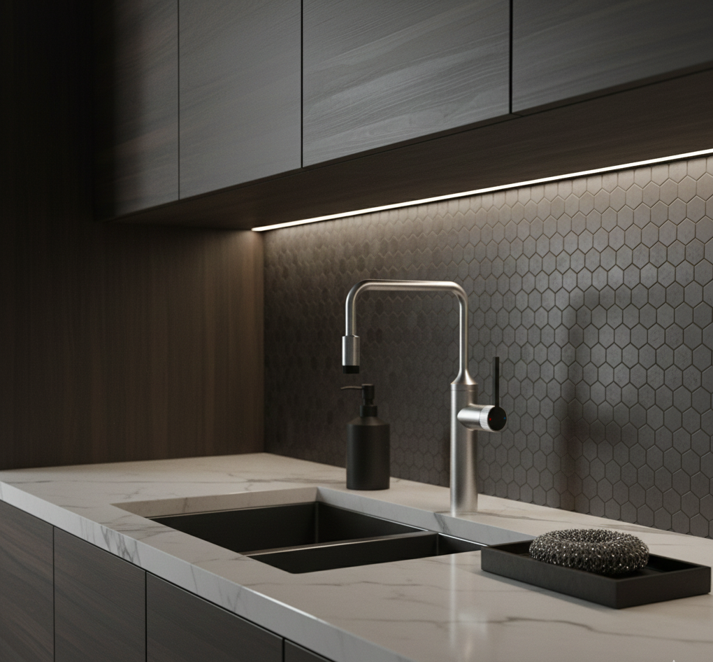 VALENTINA SERIES – KITCHEN FAUCET, A TALL FIXED SPOUT DESIGN WITH A SLEEK, MODERN PROFILE.