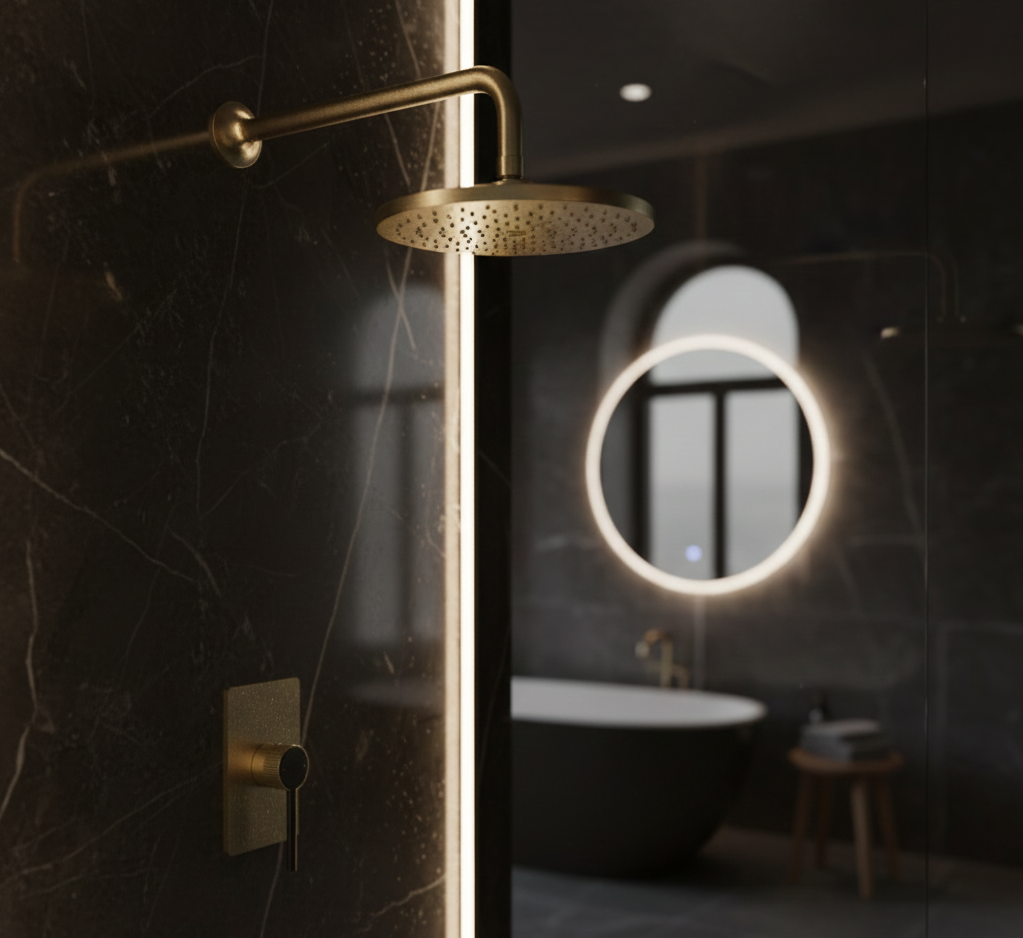 VALENTINA SERIES – RAINFALL SHOWER SET WITH MIXER VALVE, GRACEFUL CURVES AND REFINED MINIMALIST DESIGN