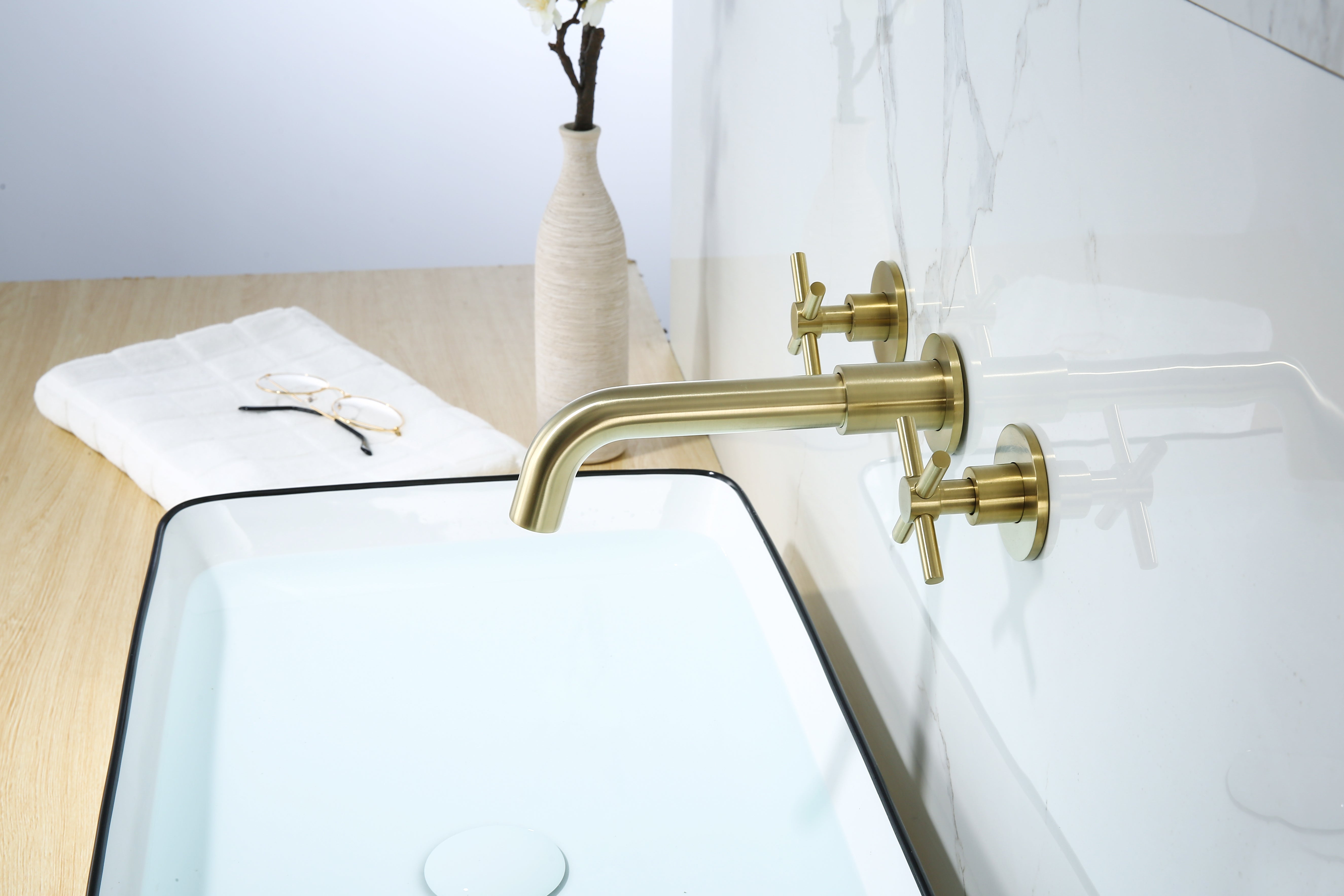 BEATRICE SERIES – WALL MOUNTED BATHROOM FAUCET WITH CURVED SPOUT AND CROSS HANDLES DESIGN