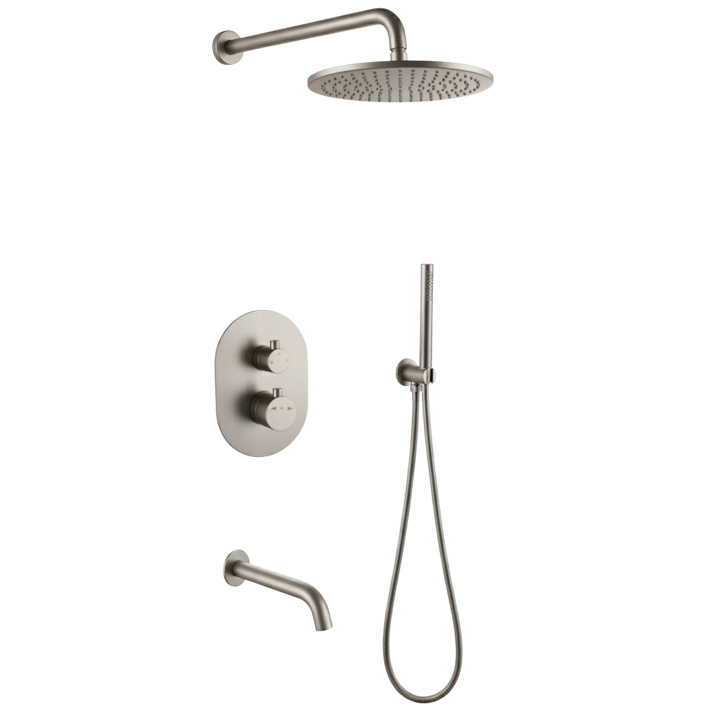 GIADA SERIES – RAIN SHOWER SET WITH HAND SPRAYER AND TUB SPOUT, CLEAN AND VERSATILE.