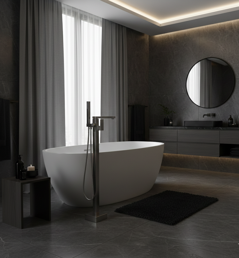 FRANCESCA SERIES – FREESTANDING TUB FILLER WITH HAND SPRAYER AND SHARP ARCHITECTURAL FORM