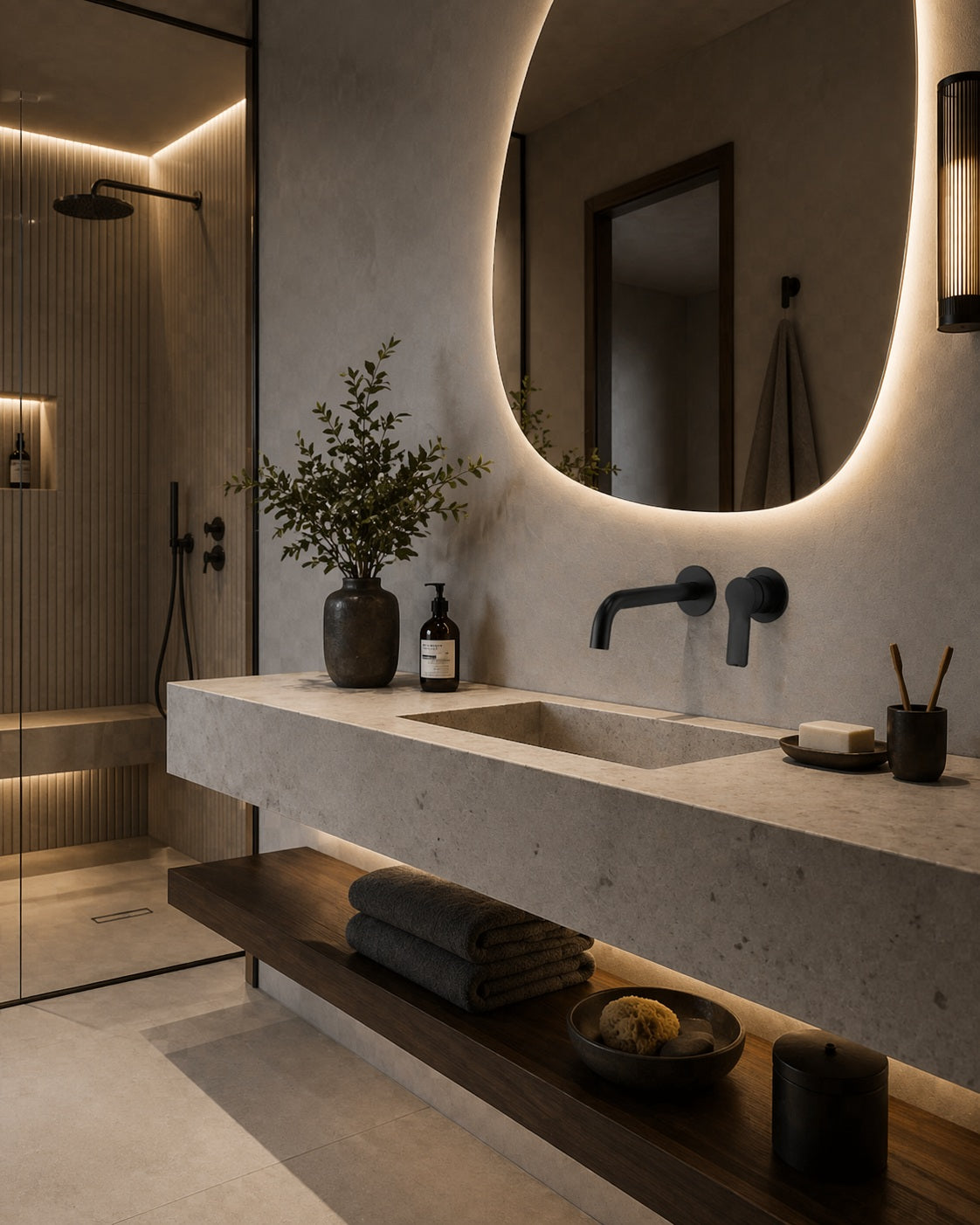 LUNA SERIES – WALL MOUNTED BATHROOM FAUCET WITH CURVED SPOUT AND SCULPTED CONTROL HANDLE