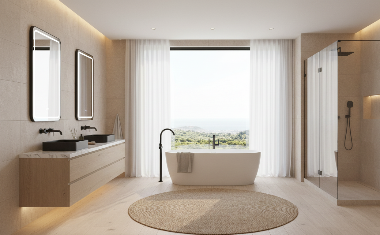 VALENTINA SERIES – WALL MOUNTED BATHROOM FAUCET WITH CURVED SPOUT AND SLEEK SINGLE LEVER CONTROL.