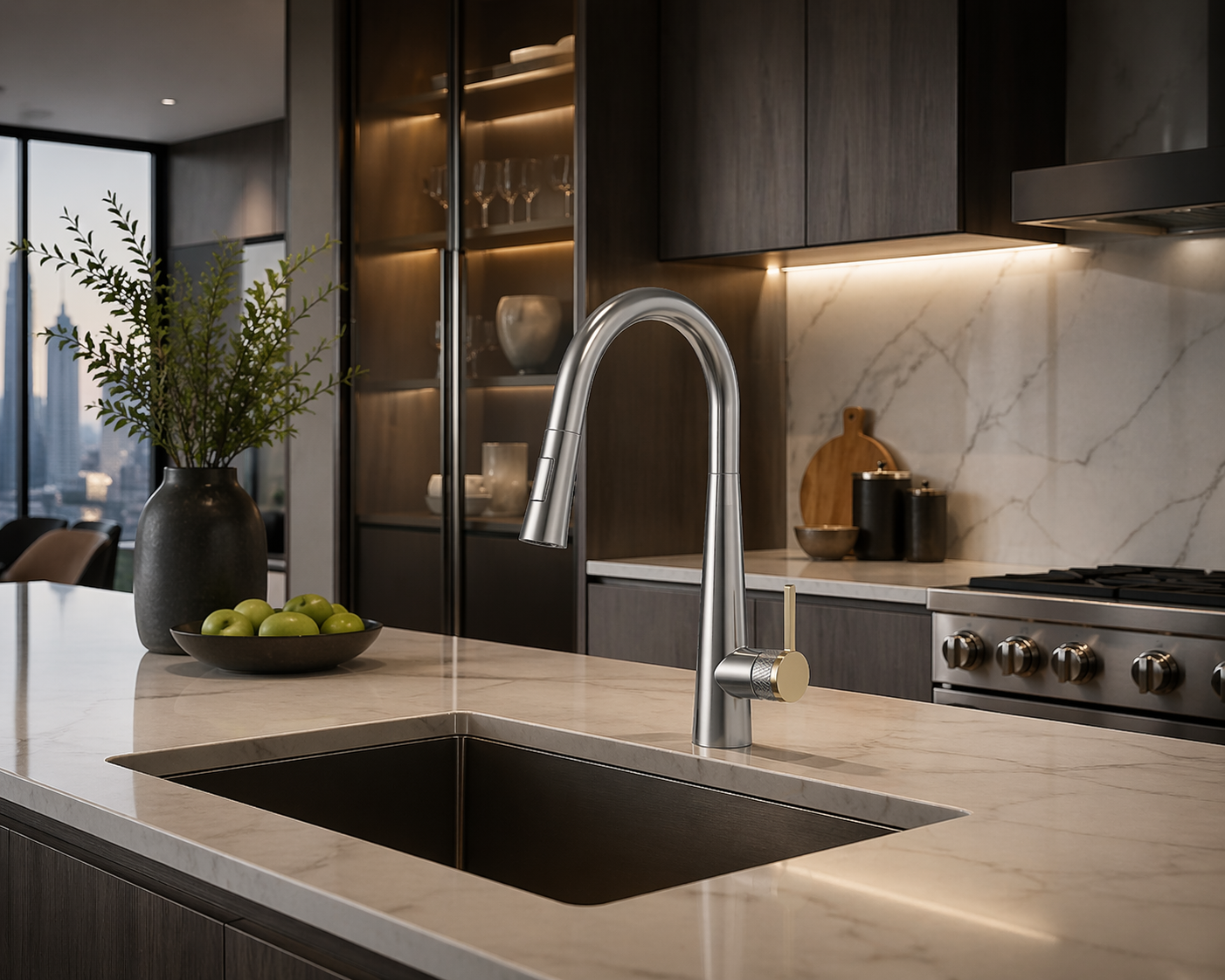 CATERINA SERIES – KITCHEN FAUCET, A SLEEK PULL DOWN DESIGN WITH A TWO TONE HANDLE.