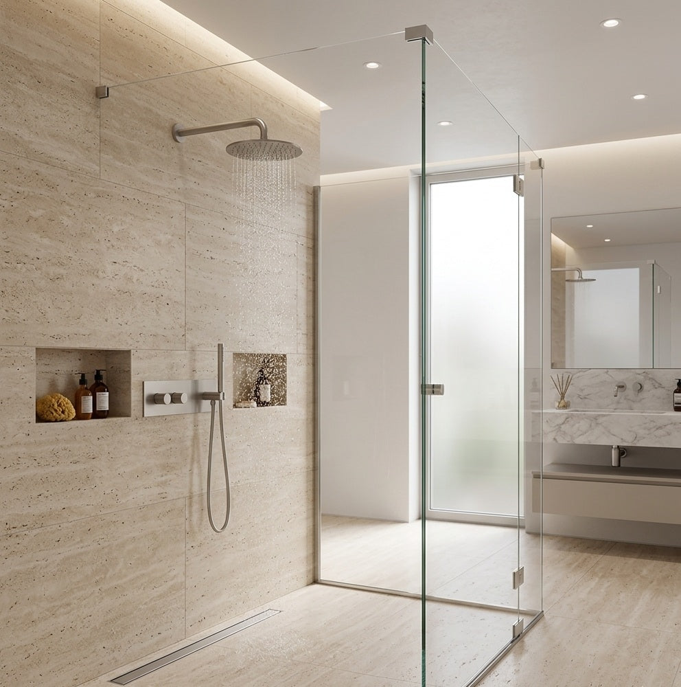 ALESSIA SERIES – WALL MOUNTED SHOWER SET WITH RAINFALL HEAD AND HAND SPRAYER, REFINED AND SPA INSPIRED.