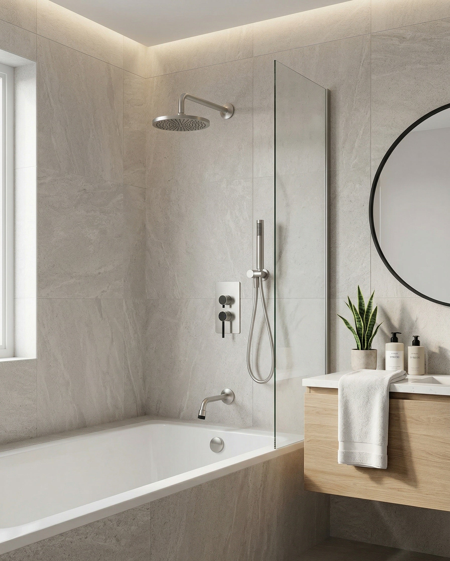 VALENTINA SERIES – SHOWER SET WITH HAND SPRAYER AND SPOUT, A LAYERED DESIGN BUILT FOR EVERYDAY VERSATILITY.
