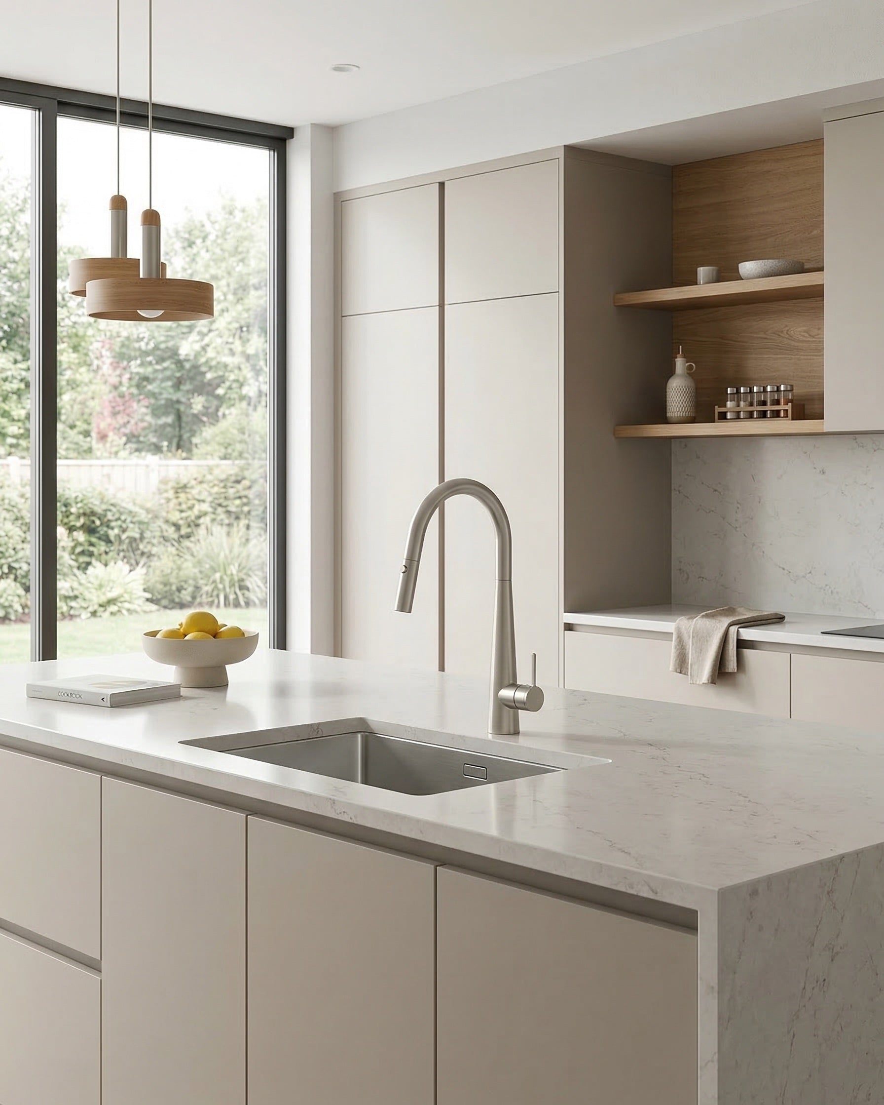 CATERINA SERIES – KITCHEN FAUCET, A REFINED PULL DOWN DESIGN WITH A TWO TONE HANDLE.