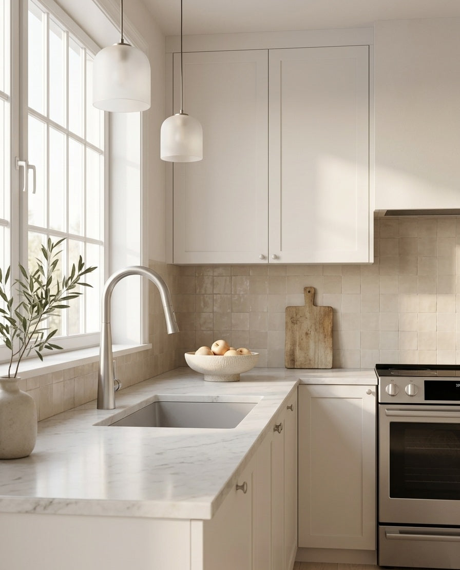 CATERINA SERIES – KITCHEN FAUCET, A SLEEK PULL DOWN DESIGN WITH A TWO TONE HANDLE.