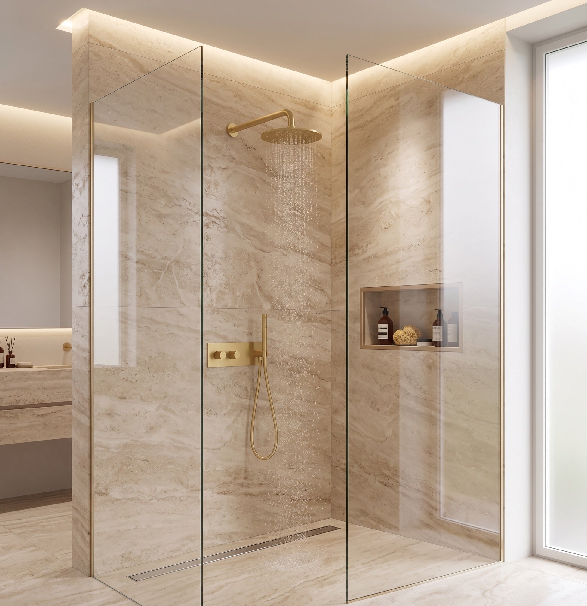 ALESSIA SERIES – WALL MOUNTED SHOWER SET WITH RAINFALL HEAD AND HAND SPRAYER, REFINED AND SPA INSPIRED.