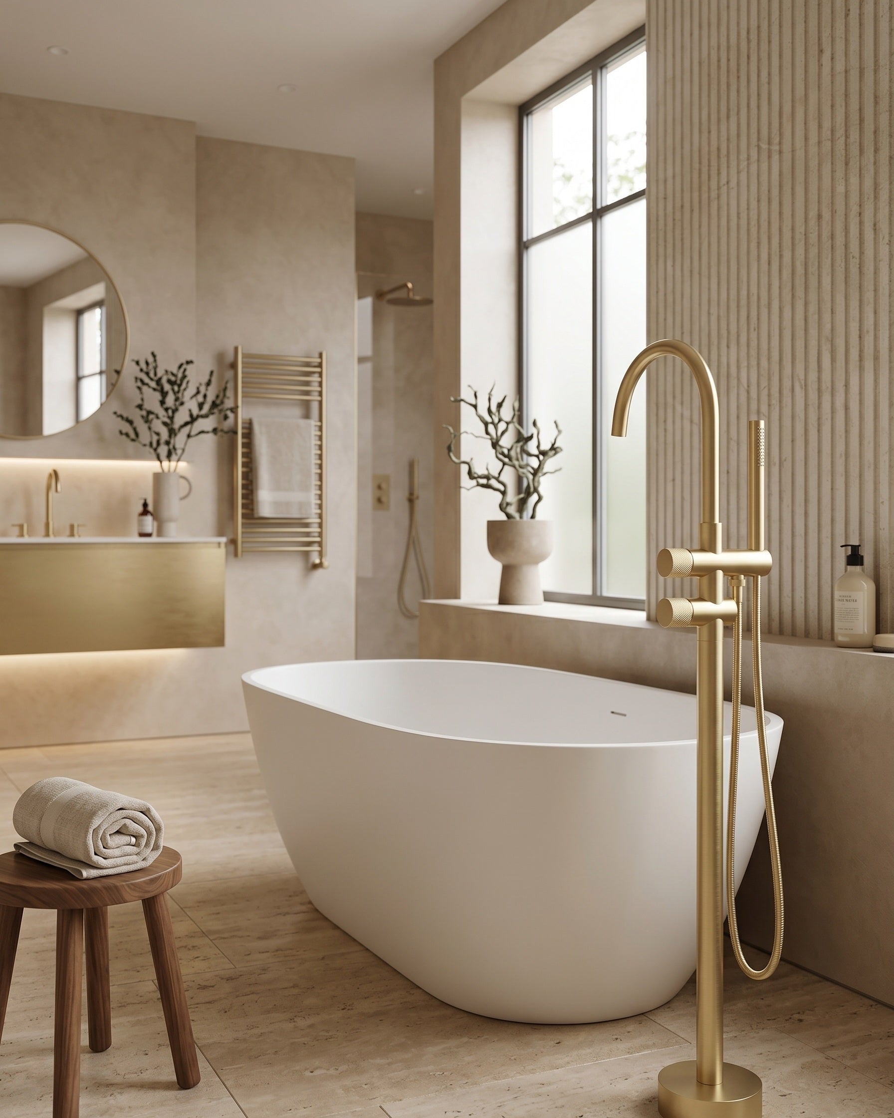 ALESSIA SERIES – FLOOR MOUNT TUB FILLER, A SCULPTURAL FREESTANDING STATEMENT FOR THE BATH.