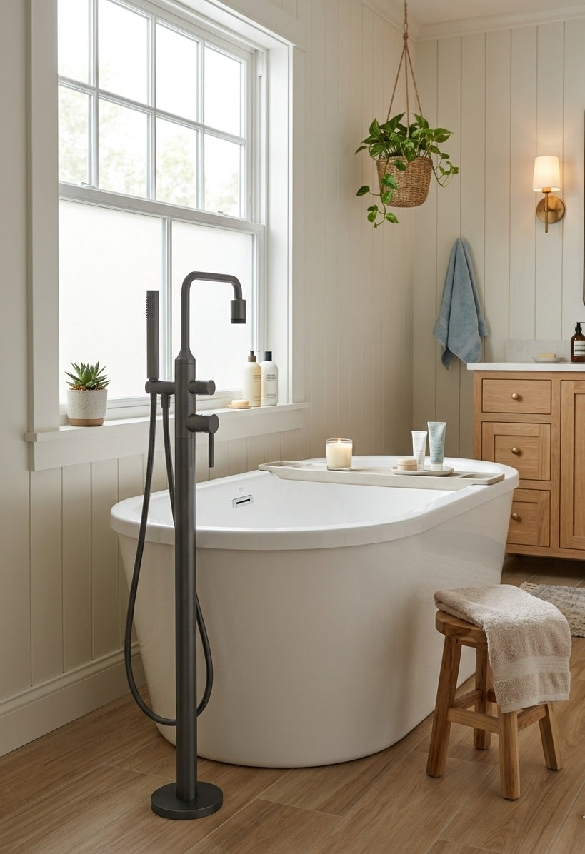 VALENTINA SERIES – FREESTANDING TUB FILLER WITH HAND SPRAYER AND SLENDER MODERN FORM