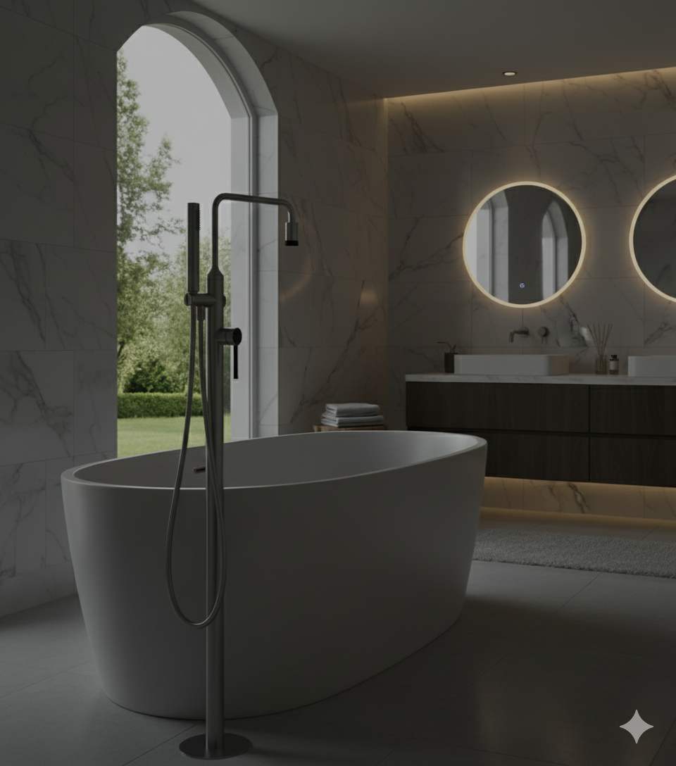 YC-RT77011 Modern Freestanding Tub Filler – Floor-Mount Bathtub Faucet with Hand Shower