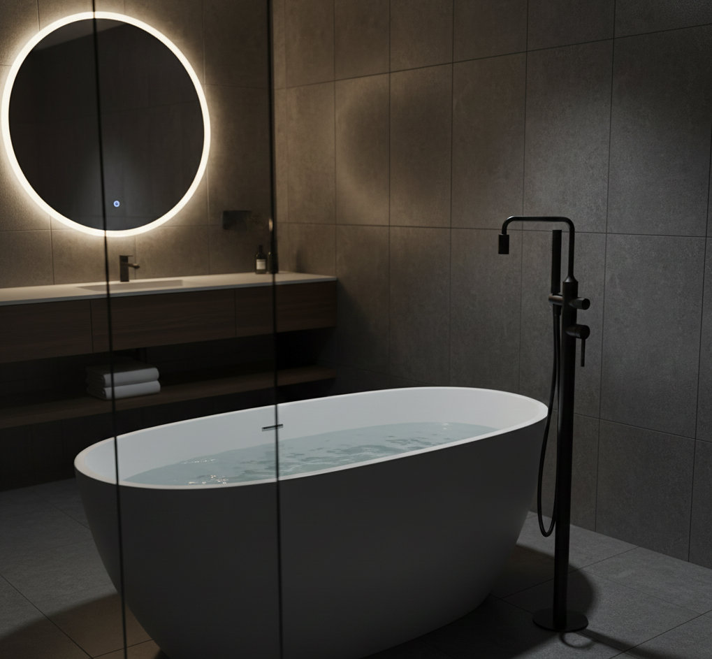 YC-RT77011 Modern Freestanding Tub Filler – Floor-Mount Bathtub Faucet with Hand Shower